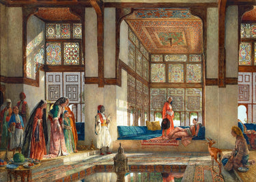 A wooden jigsaw puzzle depicting a scene from a house in Cairo, featuring intricate room design and figures in traditional attire.