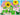 A colorful floral painting featuring two large yellow sunflowers among pink hydrangeas and green leaves, with a blue sky background and a decorative scalloped border.