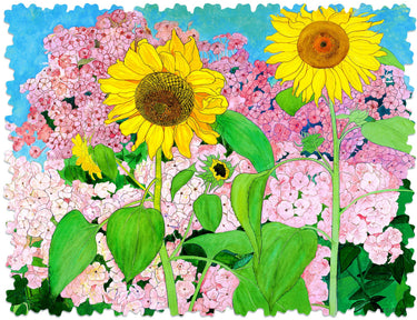 A colorful floral painting featuring two large yellow sunflowers among pink hydrangeas and green leaves, with a blue sky background and a decorative scalloped border.
