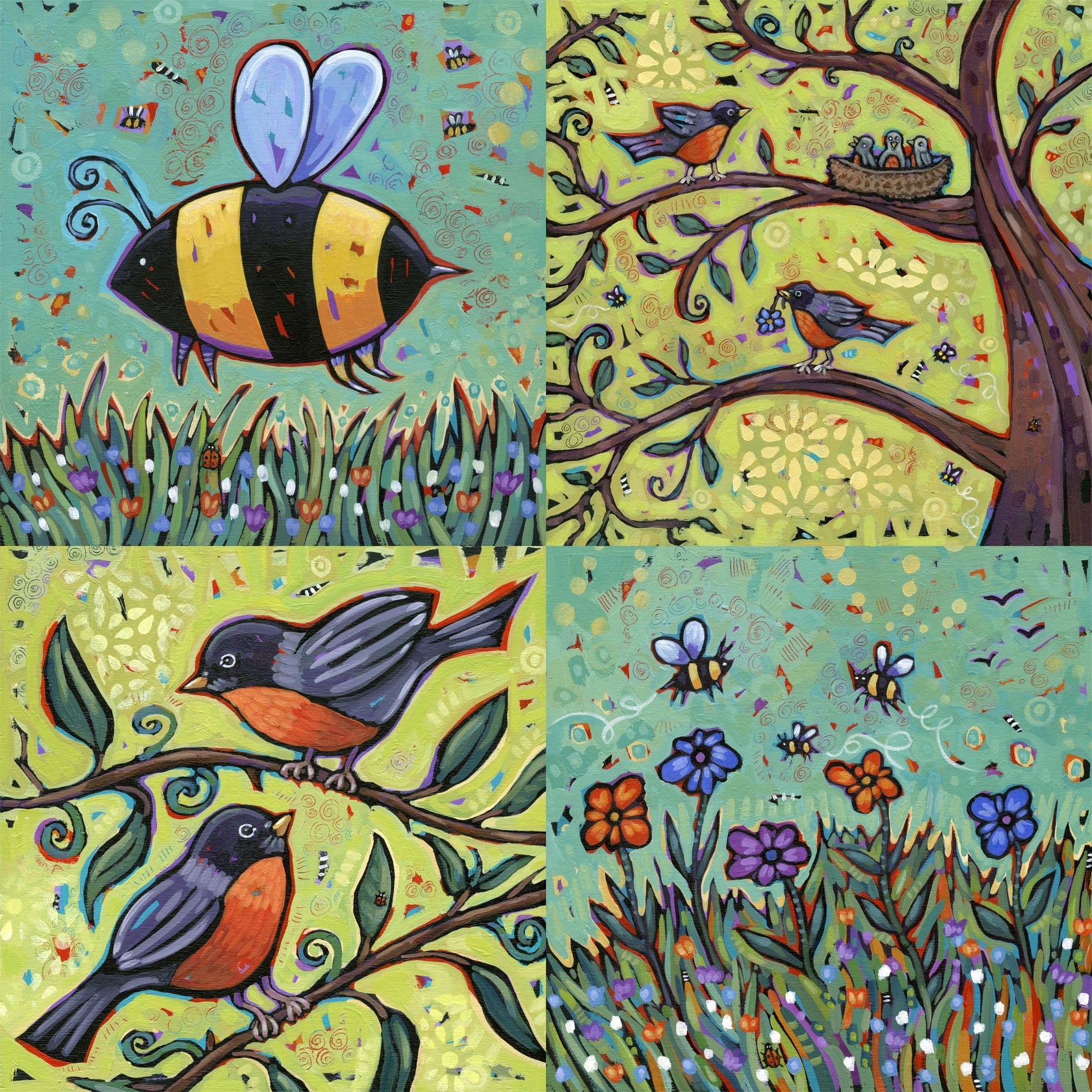 Stumpcraft Puzzles - Pam Weber Birds And Bees Quadtych Wooden Jigsaw Puzzle
