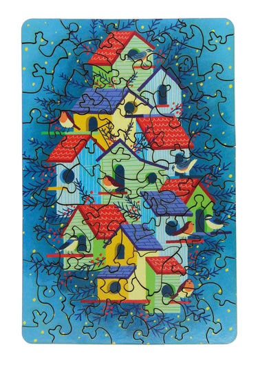 Ecru Puzzles Christmas Card - Elisa Lara Campos Winter Birdhouses Wooden Jigsaw Puzzle