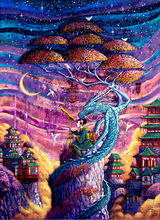 Colorful illustration of a dragon and a person on a mountain with traditional buildings and a starry sky.